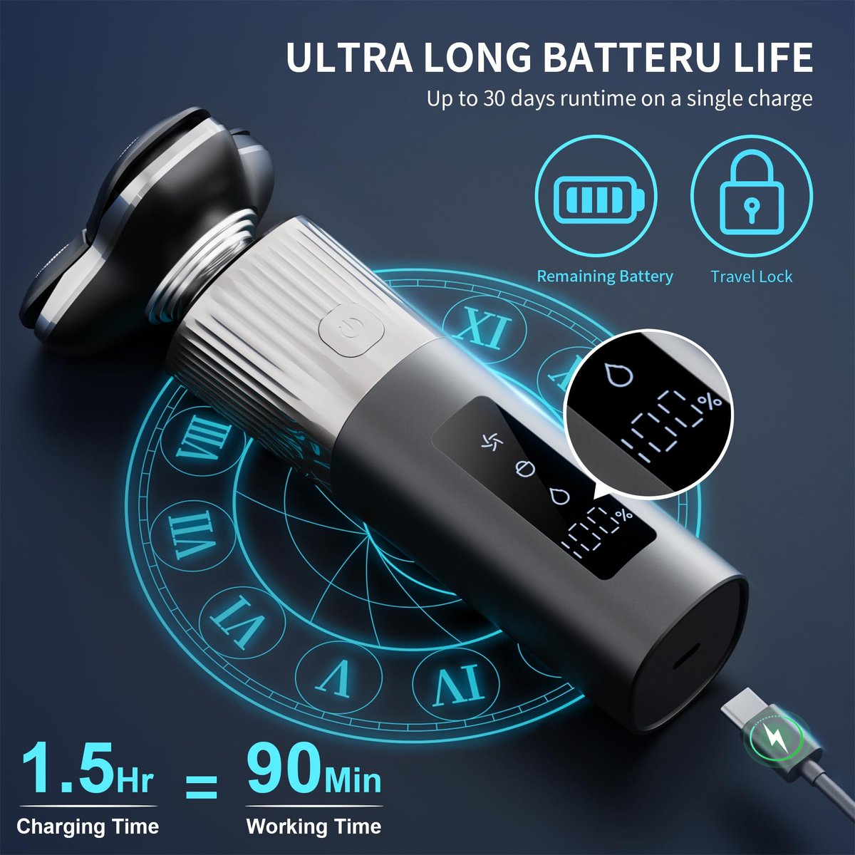 EvznFeo 8011 Series Electric Razor for Men - 4D Floating Rotary Head, IPX7 Waterproof, USB-C Fast Charge, 90-Minute Runtime, Hypoallergenic Blades - Portable Travel Grooming Kit Avelisse