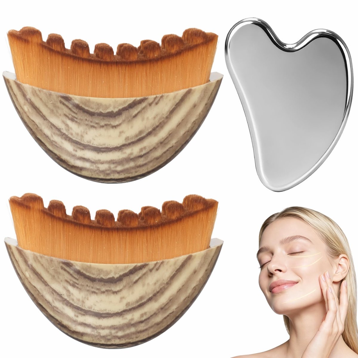 2-Piece Lymphatic Contour Face Brush & Stainless Steel Gua Sha Tool Set for Face and Neck Massage, Jawline Puffiness, Lifting, Relaxation, Lymphatic Drainage - Brown Avelisse