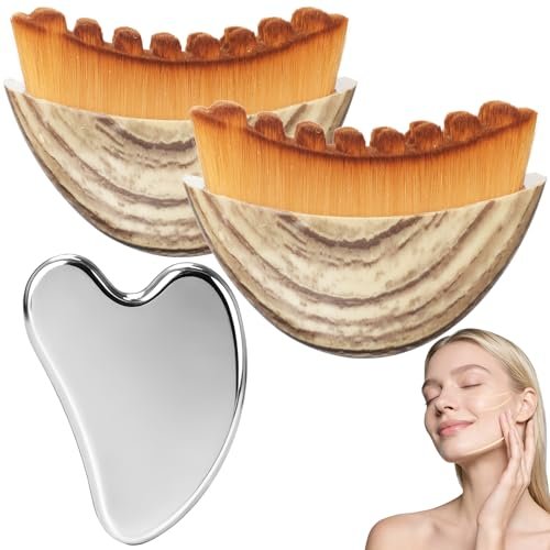2-Piece Lymphatic Contour Face Brush & Stainless Steel Gua Sha Tool Set for Face and Neck Massage, Jawline Puffiness, Lifting, Relaxation, Lymphatic Drainage - Brown Avelisse