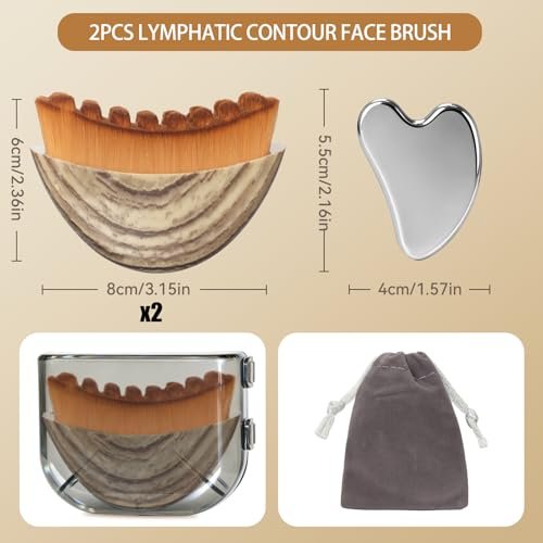 2-Piece Lymphatic Contour Face Brush & Stainless Steel Gua Sha Tool Set for Face and Neck Massage, Jawline Puffiness, Lifting, Relaxation, Lymphatic Drainage - Brown Avelisse