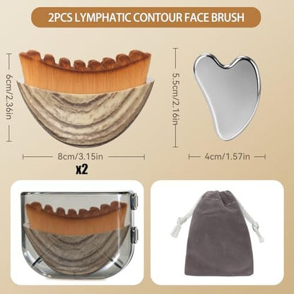 2-Piece Lymphatic Contour Face Brush & Stainless Steel Gua Sha Tool Set for Face and Neck Massage, Jawline Puffiness, Lifting, Relaxation, Lymphatic Drainage - Brown Avelisse