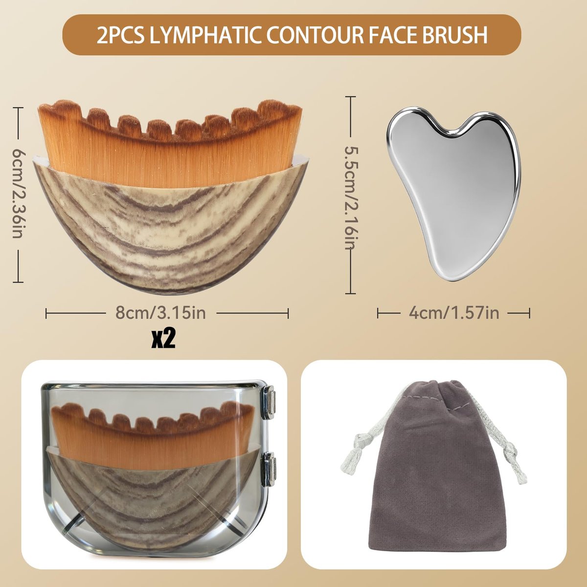 2-Piece Lymphatic Contour Face Brush & Stainless Steel Gua Sha Tool Set for Face and Neck Massage, Jawline Puffiness, Lifting, Relaxation, Lymphatic Drainage - Brown Avelisse