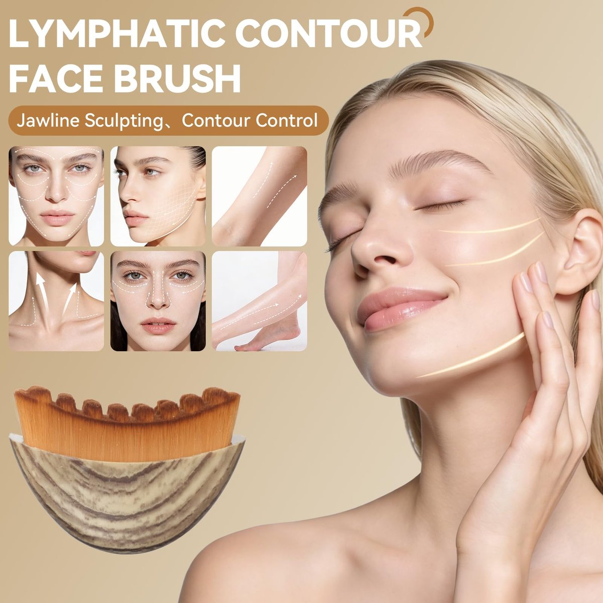 2-Piece Lymphatic Contour Face Brush & Stainless Steel Gua Sha Tool Set for Face and Neck Massage, Jawline Puffiness, Lifting, Relaxation, Lymphatic Drainage - Brown Avelisse