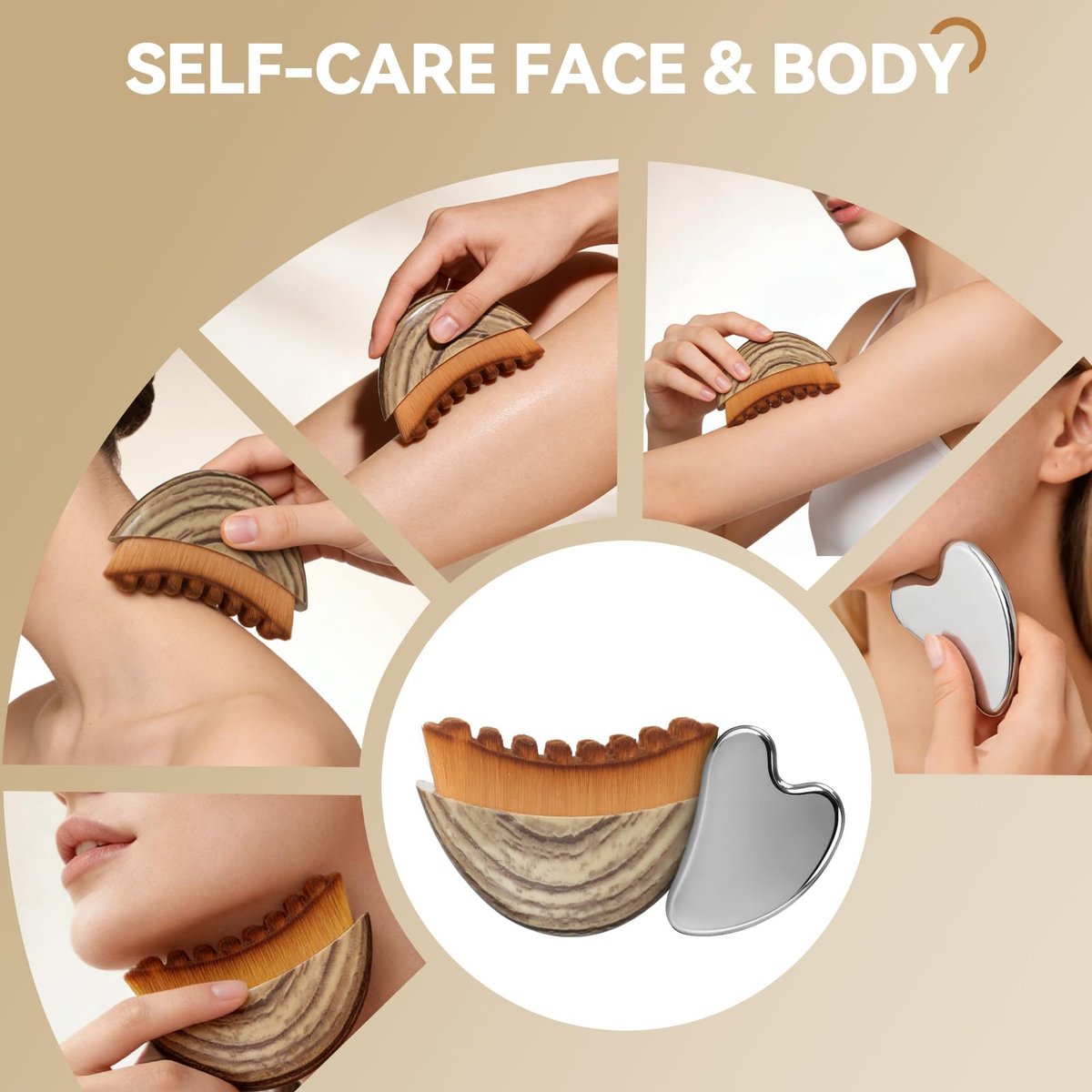 2-Piece Lymphatic Contour Face Brush & Stainless Steel Gua Sha Tool Set for Face and Neck Massage, Jawline Puffiness, Lifting, Relaxation, Lymphatic Drainage - Brown Avelisse