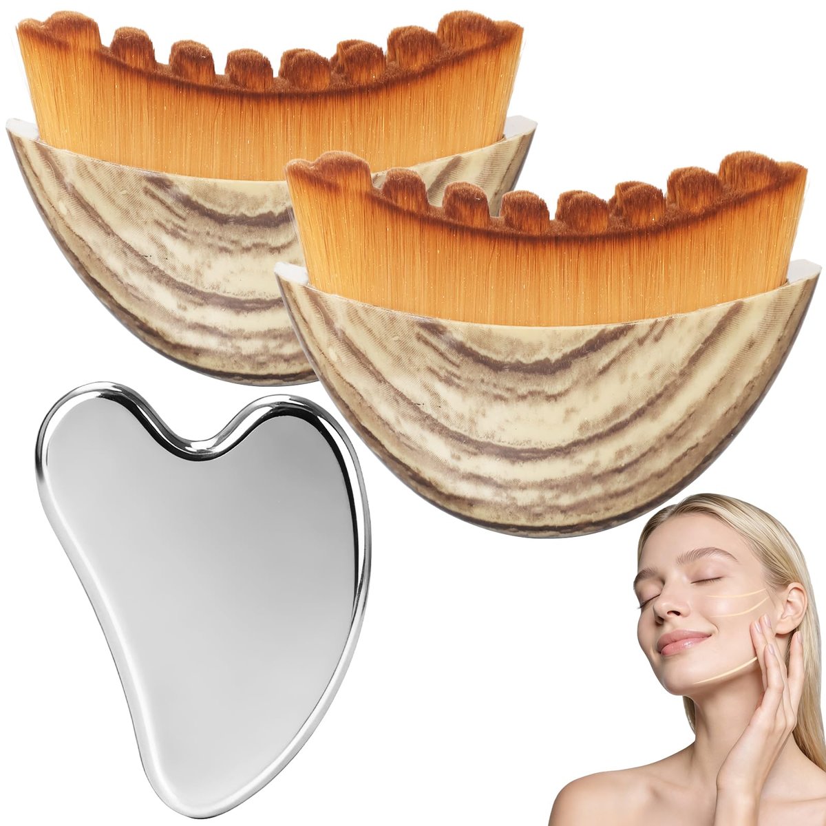 2-Piece Lymphatic Contour Face Brush & Stainless Steel Gua Sha Tool Set for Face and Neck Massage, Jawline Puffiness, Lifting, Relaxation, Lymphatic Drainage - Brown Avelisse