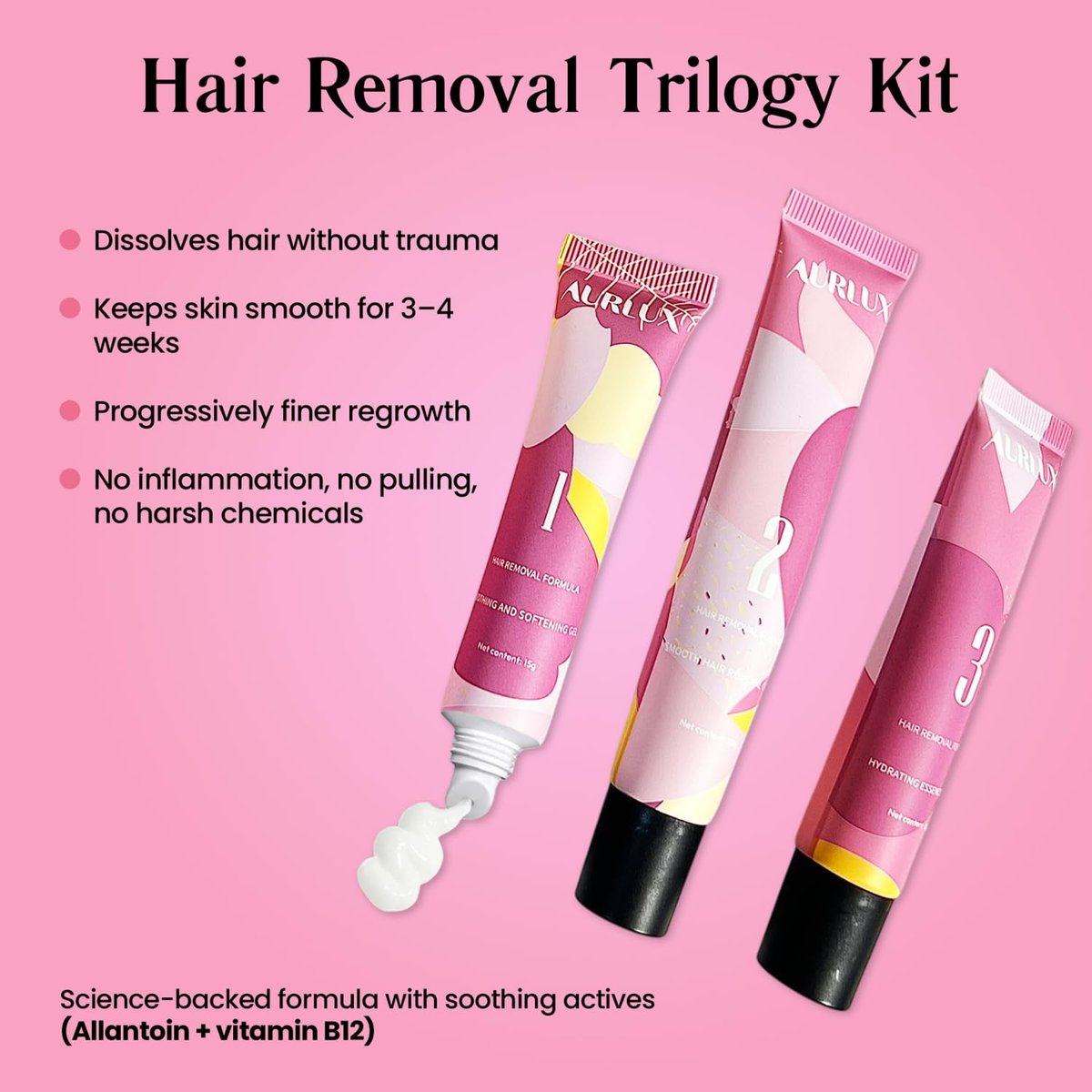Aurlux Trilogy Kit for PCOS Facial Hair Removal for Women - Clinical Grade Hair Remover for Chin & Upper Lip - 3-Step System Lasts 3-4 Weeks - Soothing Gel with Aloe Vera & Vitamin E Avelisse