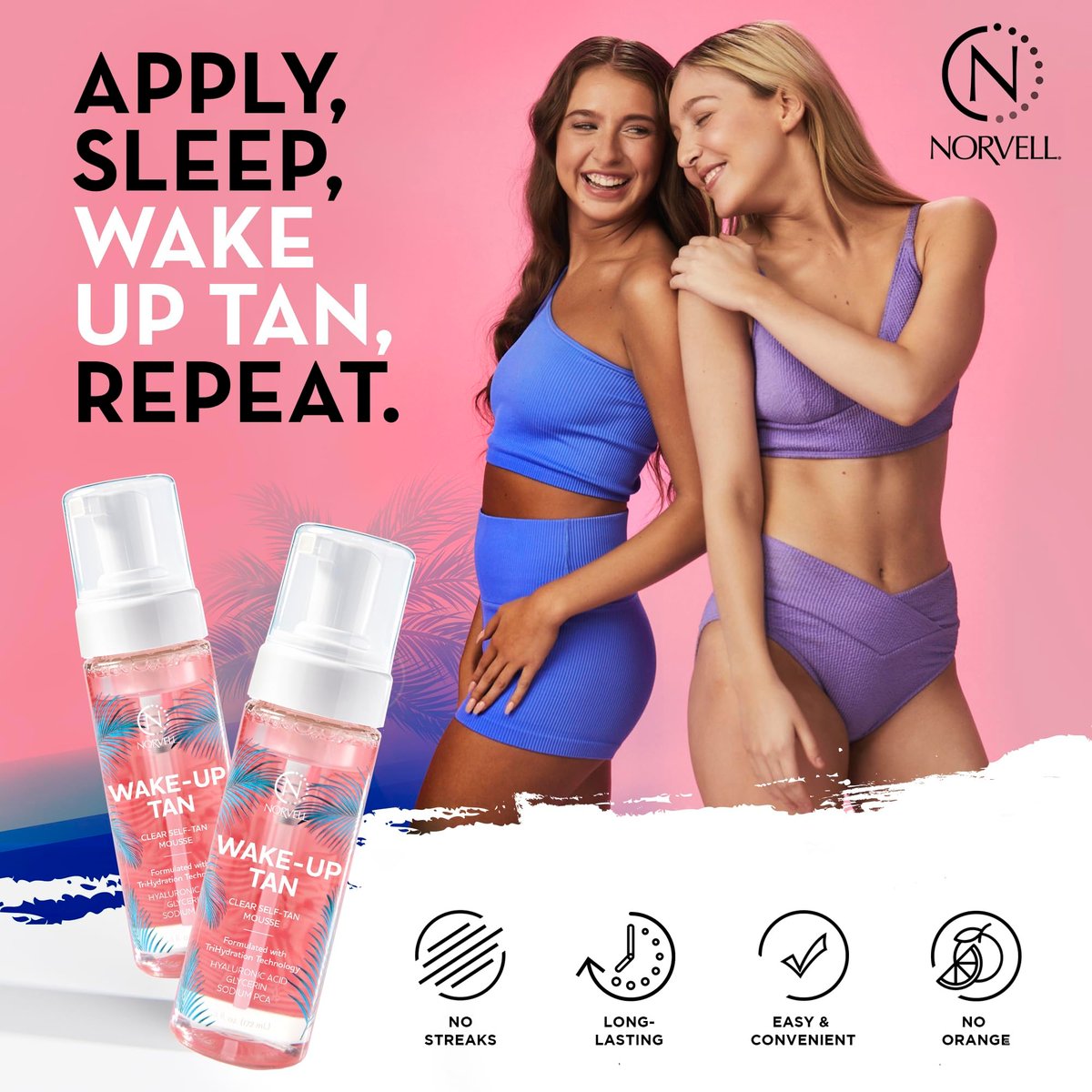 Norvell Wake-Up Tan Clear Water Mousse - 5.5 oz Overnight Self Tanner for Face & Body, Gradual Bronzer-Free Sunless Tan Avelisse
