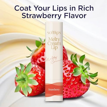 Softlips Melty Cream Hydrating Lip Balm - Strawberry Flavor, Long-Lasting Moisturizing Care for Dry, Chapped Lips, Smooth Non-Sticky Finish, 0.12 oz