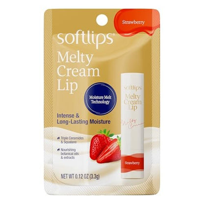 Softlips Melty Cream Hydrating Lip Balm - Strawberry Flavor, Long-Lasting Moisturizing Care for Dry, Chapped Lips, Smooth Non-Sticky Finish, 0.12 oz