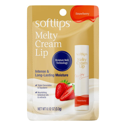 Softlips Melty Cream Hydrating Lip Balm - Strawberry Flavor, Long-Lasting Moisturizing Care for Dry, Chapped Lips, Smooth Non-Sticky Finish, 0.12 oz