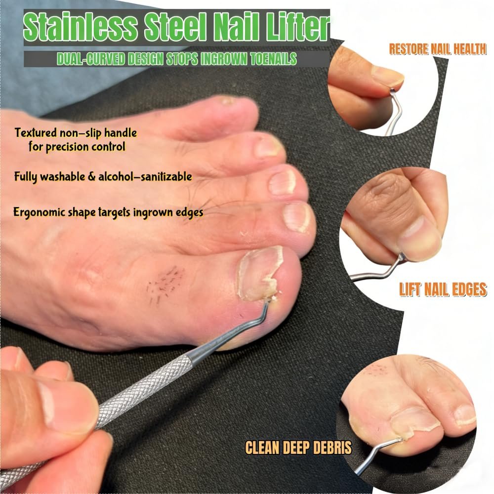 IDOU 4-in-1 Toe Nail Care Kit: Toe Nail Files for Thick Nails with Ingrown Toenail Lifter & Silicone Thumb Guard - Non-Slip Grip, 2 Metal Nail Files for Men/Seniors (Silver Lifter) Avelisse
