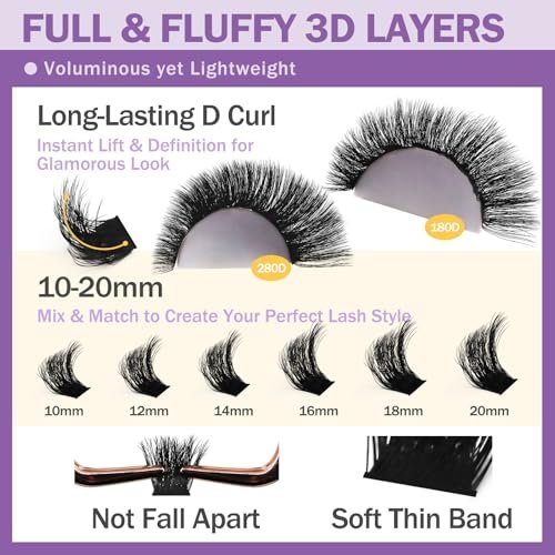 Burhhoi Fluffy Lash Cluster Kit 180D + 280D Mega Volume, 10–20mm Mixed Lengths, Thick Eyelash Extension Kit for Dramatic Glam Look, Soft Matte Black Lashes with Bond & Seal, Tweezers & Remover - görsel 6