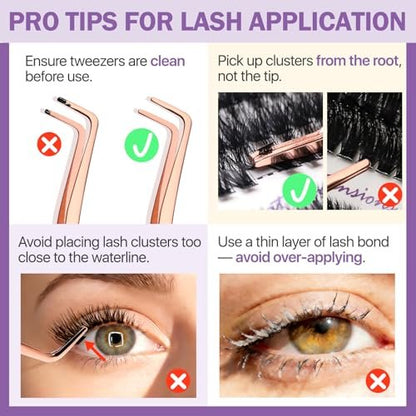 Burhhoi Fluffy Lash Cluster Kit 180D + 280D Mega Volume, 10–20mm Mixed Lengths, Thick Eyelash Extension Kit for Dramatic Glam Look, Soft Matte Black Lashes with Bond & Seal, Tweezers & Remover