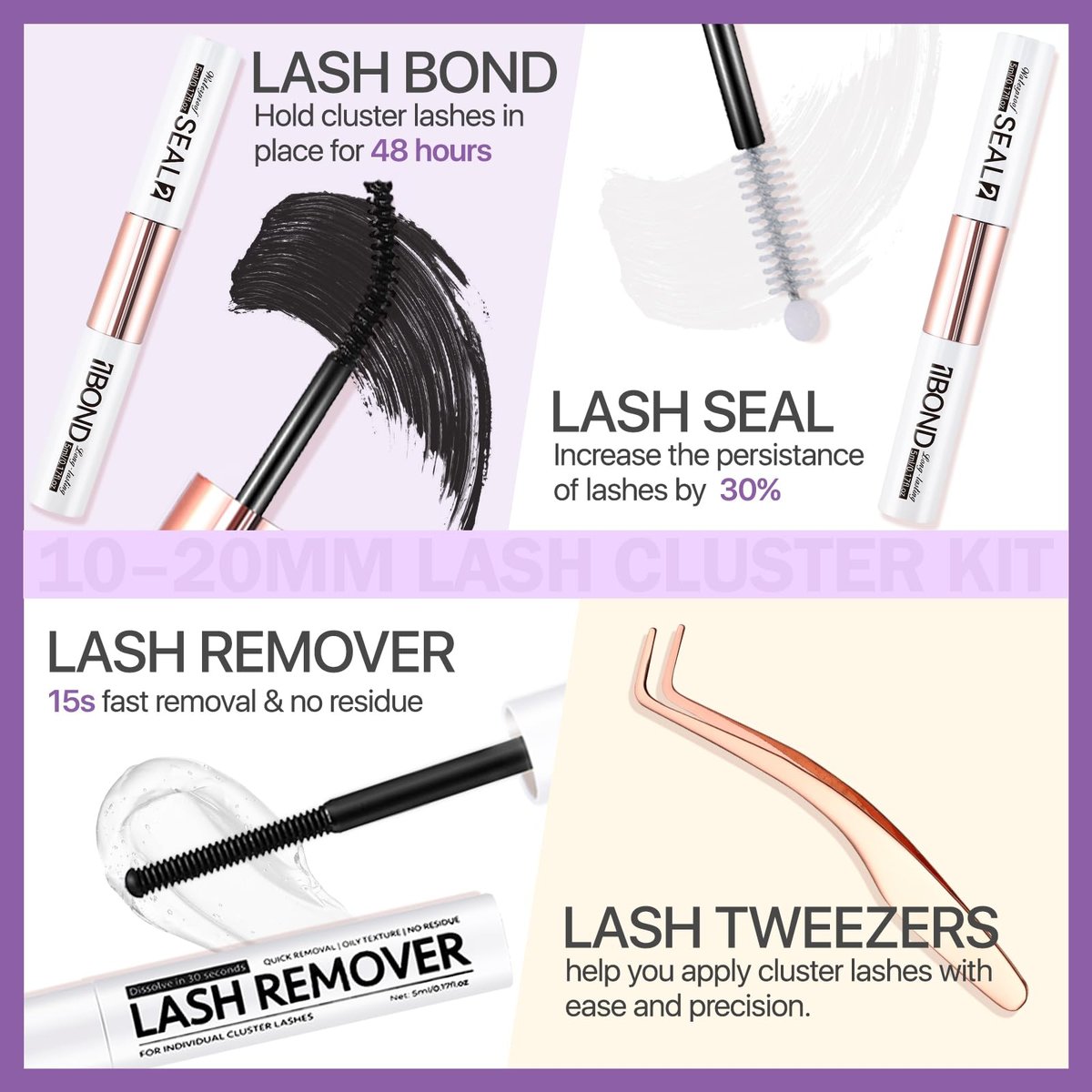 Burhhoi Fluffy Lash Cluster Kit 180D + 280D Mega Volume, 10–20mm Mixed Lengths, Thick Eyelash Extension Kit for Dramatic Glam Look, Soft Matte Black Lashes with Bond & Seal, Tweezers & Remover - görsel 11