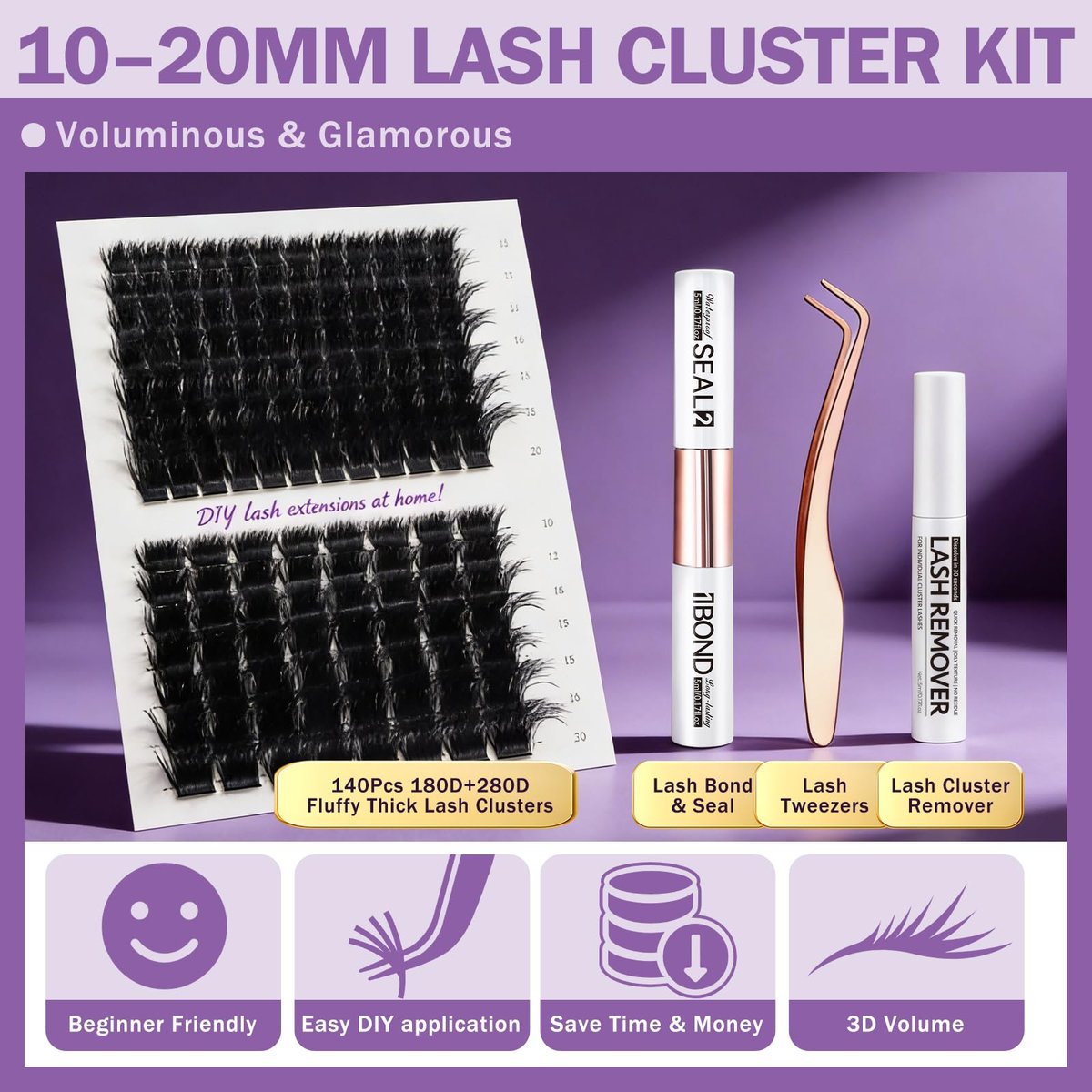 Burhhoi Fluffy Lash Cluster Kit 180D + 280D Mega Volume, 10–20mm Mixed Lengths, Thick Eyelash Extension Kit for Dramatic Glam Look, Soft Matte Black Lashes with Bond & Seal, Tweezers & Remover - görsel 9