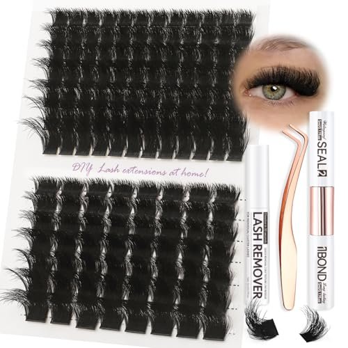 Burhhoi Fluffy Lash Cluster Kit 180D + 280D Mega Volume, 10–20mm Mixed Lengths, Thick Eyelash Extension Kit for Dramatic Glam Look, Soft Matte Black Lashes with Bond & Seal, Tweezers & Remover - görsel 2