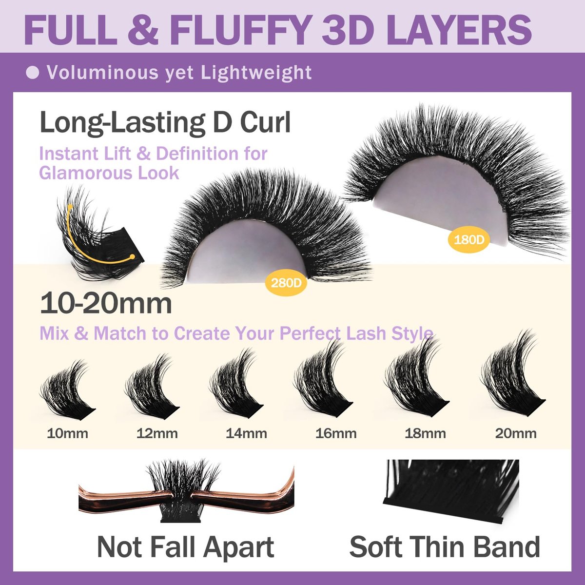 Burhhoi Fluffy Lash Cluster Kit 180D + 280D Mega Volume, 10–20mm Mixed Lengths, Thick Eyelash Extension Kit for Dramatic Glam Look, Soft Matte Black Lashes with Bond & Seal, Tweezers & Remover - görsel 5