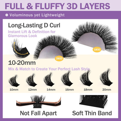 Burhhoi Fluffy Lash Cluster Kit 180D + 280D Mega Volume, 10–20mm Mixed Lengths, Thick Eyelash Extension Kit for Dramatic Glam Look, Soft Matte Black Lashes with Bond & Seal, Tweezers & Remover