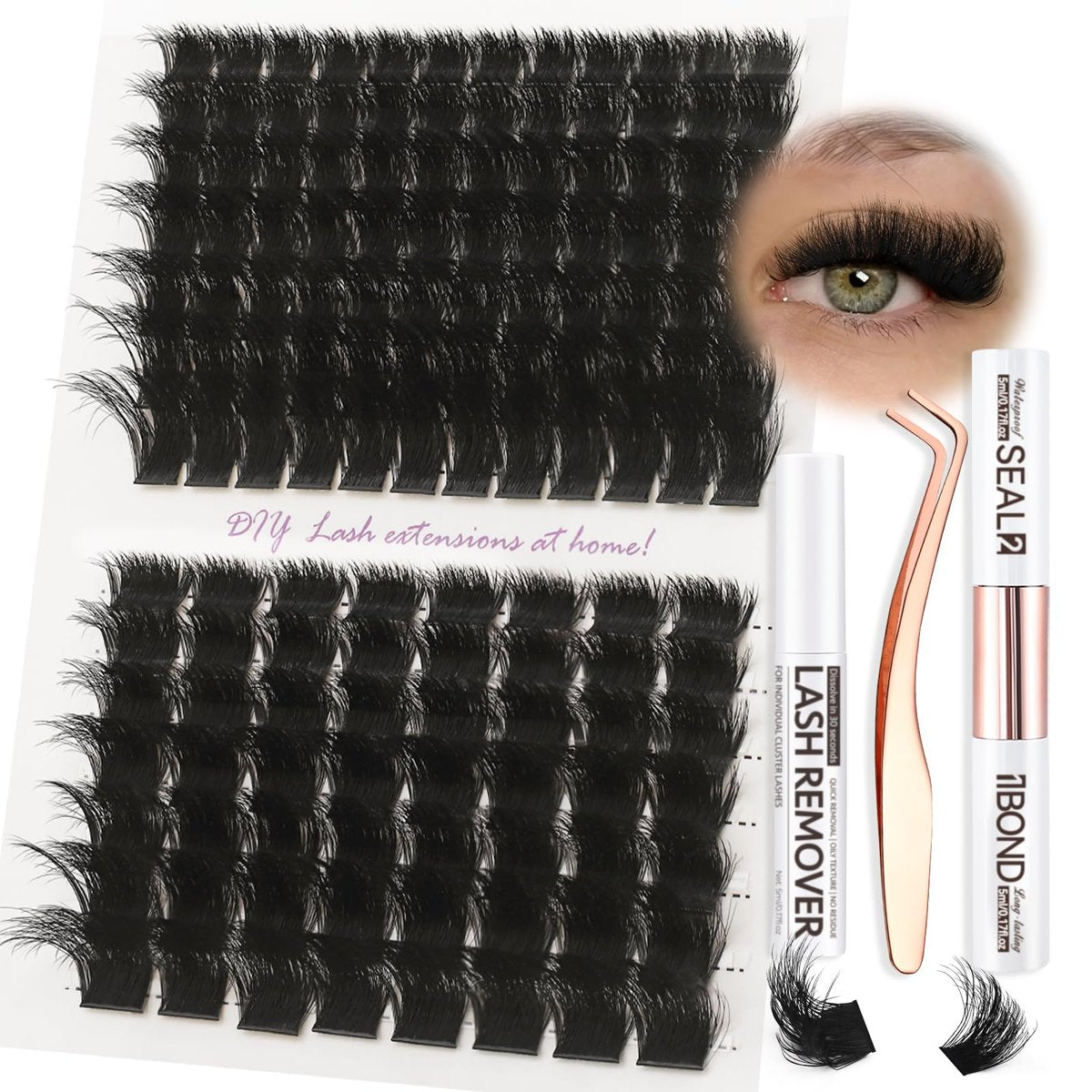 Burhhoi Fluffy Lash Cluster Kit 180D + 280D Mega Volume, 10–20mm Mixed Lengths, Thick Eyelash Extension Kit for Dramatic Glam Look, Soft Matte Black Lashes with Bond & Seal, Tweezers & Remover - görsel 1