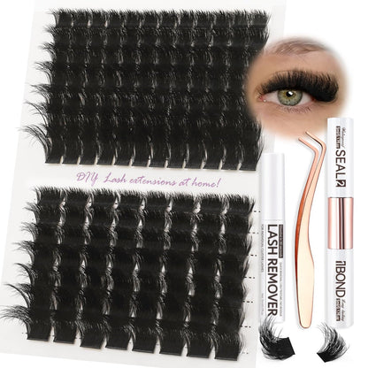 Burhhoi Fluffy Lash Cluster Kit 180D + 280D Mega Volume, 10–20mm Mixed Lengths, Thick Eyelash Extension Kit for Dramatic Glam Look, Soft Matte Black Lashes with Bond & Seal, Tweezers & Remover