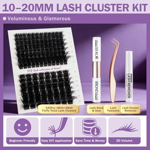 Burhhoi Fluffy Lash Cluster Kit 180D + 280D Mega Volume, 10–20mm Mixed Lengths, Thick Eyelash Extension Kit for Dramatic Glam Look, Soft Matte Black Lashes with Bond & Seal, Tweezers & Remover - görsel 10