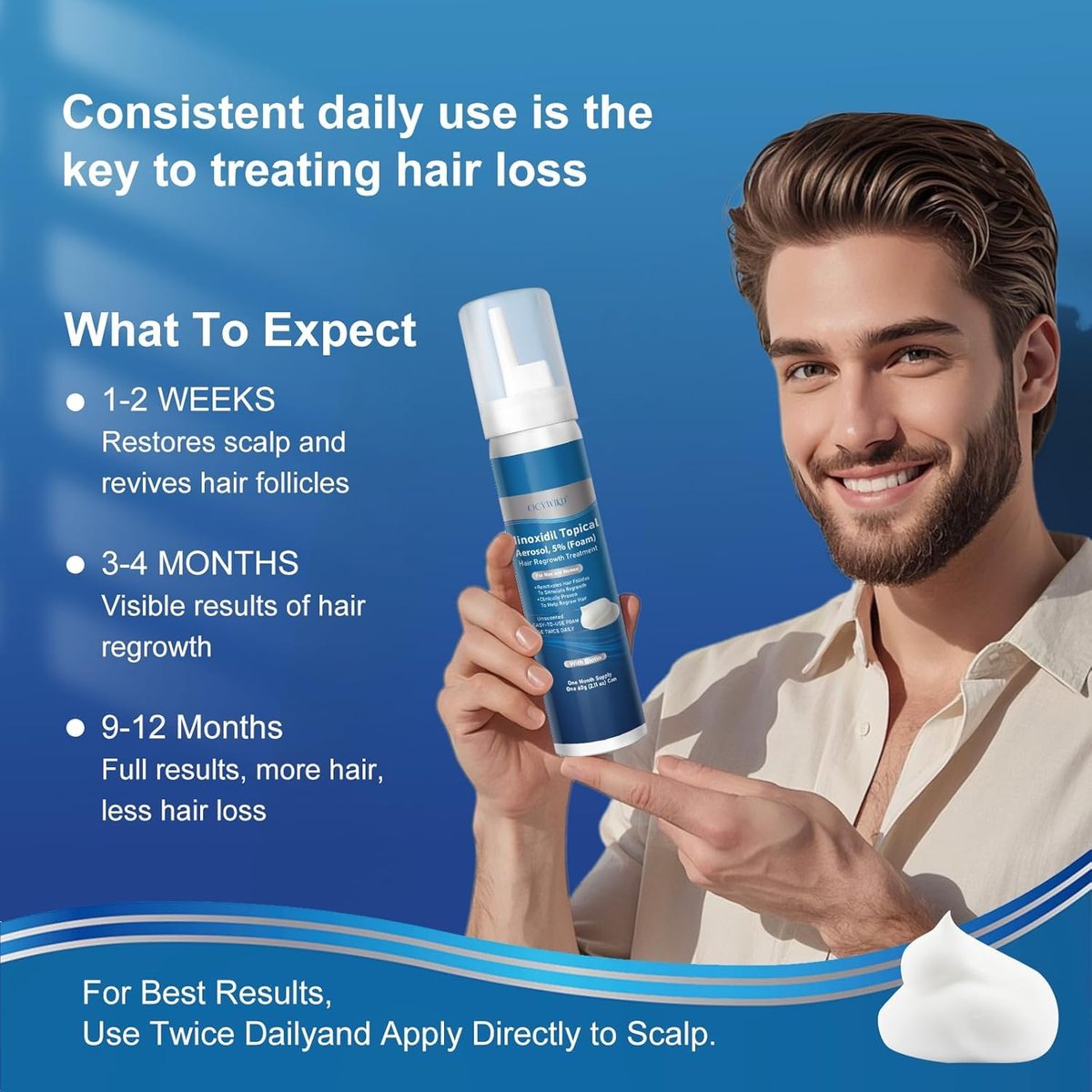 Extra Strength 5% Minoxidil Foam with Biotin – Unscented, Unisex Hair Growth Treatment for Thicker, Fuller Hair & Beard (14.77 oz, 7–8 Month Supply) Avelisse