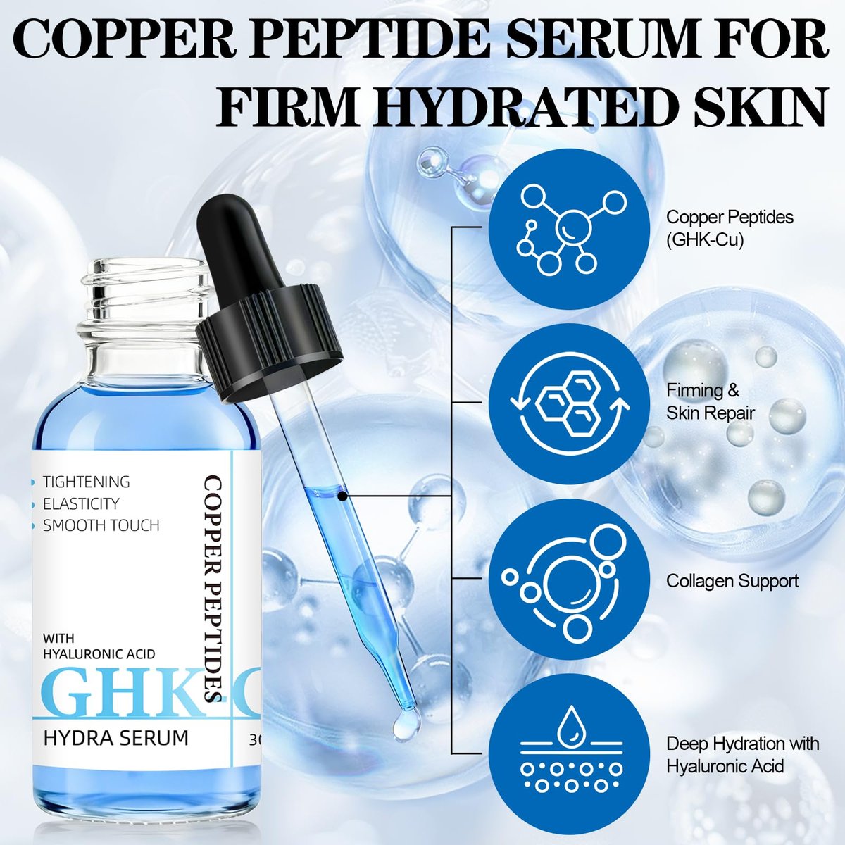 GHK-Cu Copper Peptide Facial Serum – Moisture-Balancing Formula with Hyaluronic Acid – Lightweight Daily Hydration, 1 fl oz Avelisse