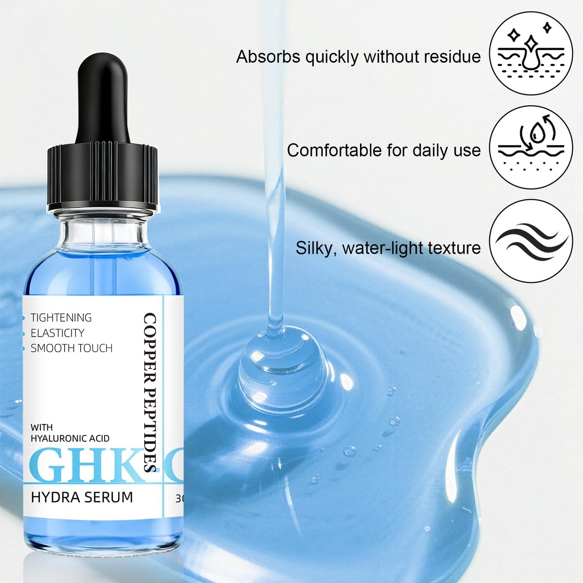 GHK-Cu Copper Peptide Facial Serum – Moisture-Balancing Formula with Hyaluronic Acid – Lightweight Daily Hydration, 1 fl oz Avelisse