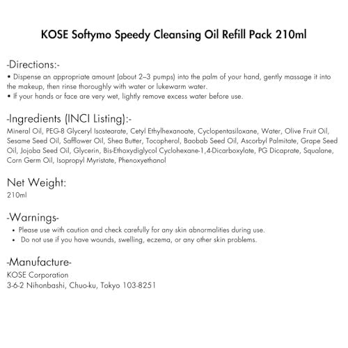 KOSE Softymo Speedy Cleansing Oil Refill Pack 210ml - Gentle Makeup Remover Oil for All Skin Types - görsel 6