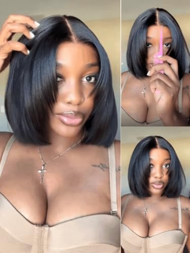 UNICE 7x5 Lace Part Bob Wig Human Hair Bye Bye Slip Glueless Wig with Silicone Strips & Drawstring Yaki Straight Layered Cut with Face Framing Layers 180% Density Bleached Knots Pre Plucked 12 Inch Avelisse