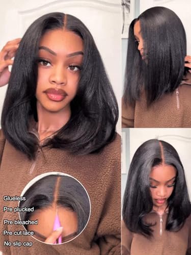 UNICE 7x5 Lace Part Bob Wig Human Hair Bye Bye Slip Glueless Wig with Silicone Strips & Drawstring Yaki Straight Layered Cut with Face Framing Layers 180% Density Bleached Knots Pre Plucked 12 Inch Avelisse