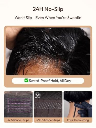 UNICE 7x5 Lace Part Bob Wig Human Hair Bye Bye Slip Glueless Wig with Silicone Strips & Drawstring Yaki Straight Layered Cut with Face Framing Layers 180% Density Bleached Knots Pre Plucked 12 Inch Avelisse