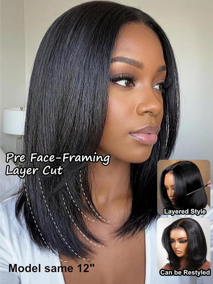 UNICE 7x5 Lace Part Bob Wig Human Hair Bye Bye Slip Glueless Wig with Silicone Strips & Drawstring Yaki Straight Layered Cut with Face Framing Layers 180% Density Bleached Knots Pre Plucked 12 Inch Avelisse