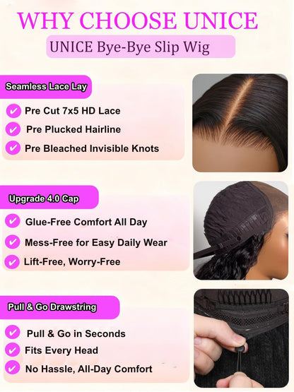 UNICE 7x5 Lace Part Bob Wig Human Hair Bye Bye Slip Glueless Wig with Silicone Strips & Drawstring Yaki Straight Layered Cut with Face Framing Layers 180% Density Bleached Knots Pre Plucked 12 Inch Avelisse