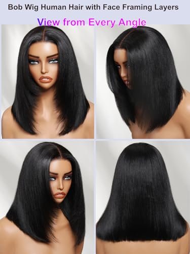 UNICE 7x5 Lace Part Bob Wig Human Hair Bye Bye Slip Glueless Wig with Silicone Strips & Drawstring Yaki Straight Layered Cut with Face Framing Layers 180% Density Bleached Knots Pre Plucked 12 Inch Avelisse