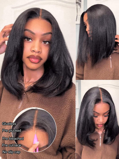 UNICE 7x5 Lace Part Bob Wig Human Hair Bye Bye Slip Glueless Wig with Silicone Strips & Drawstring Yaki Straight Layered Cut with Face Framing Layers 180% Density Bleached Knots Pre Plucked 12 Inch Avelisse