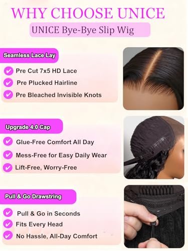 UNICE 7x5 Lace Part Bob Wig Human Hair Bye Bye Slip Glueless Wig with Silicone Strips & Drawstring Yaki Straight Layered Cut with Face Framing Layers 180% Density Bleached Knots Pre Plucked 12 Inch Avelisse