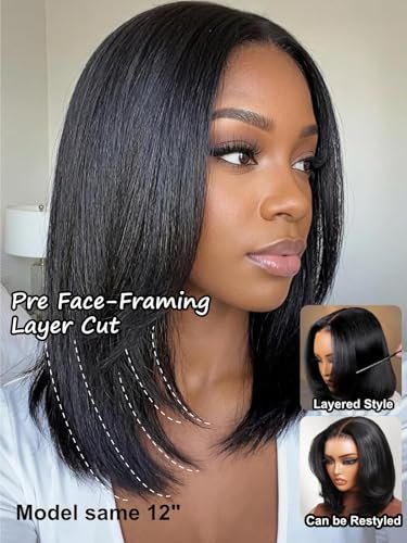 UNICE 7x5 Lace Part Bob Wig Human Hair Bye Bye Slip Glueless Wig with Silicone Strips & Drawstring Yaki Straight Layered Cut with Face Framing Layers 180% Density Bleached Knots Pre Plucked 12 Inch Avelisse