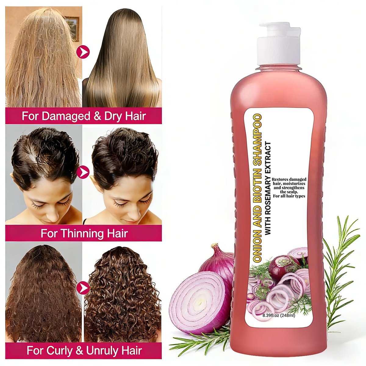 Onion Rosemary Shampoo with Biotin & Citric Acid - Nourishing Hair Care for Dry, Damaged Hair, Promotes Shine and Healthy-Looking Strands (8.39 Fl Oz) - görsel 7