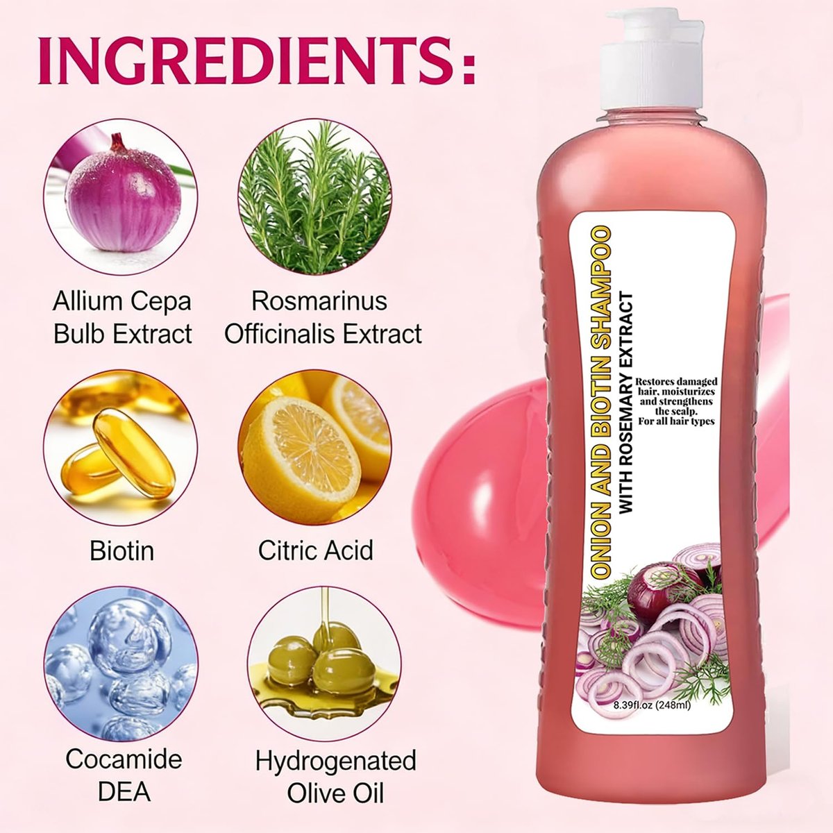 Onion Rosemary Shampoo with Biotin & Citric Acid - Nourishing Hair Care for Dry, Damaged Hair, Promotes Shine and Healthy-Looking Strands (8.39 Fl Oz) - görsel 3