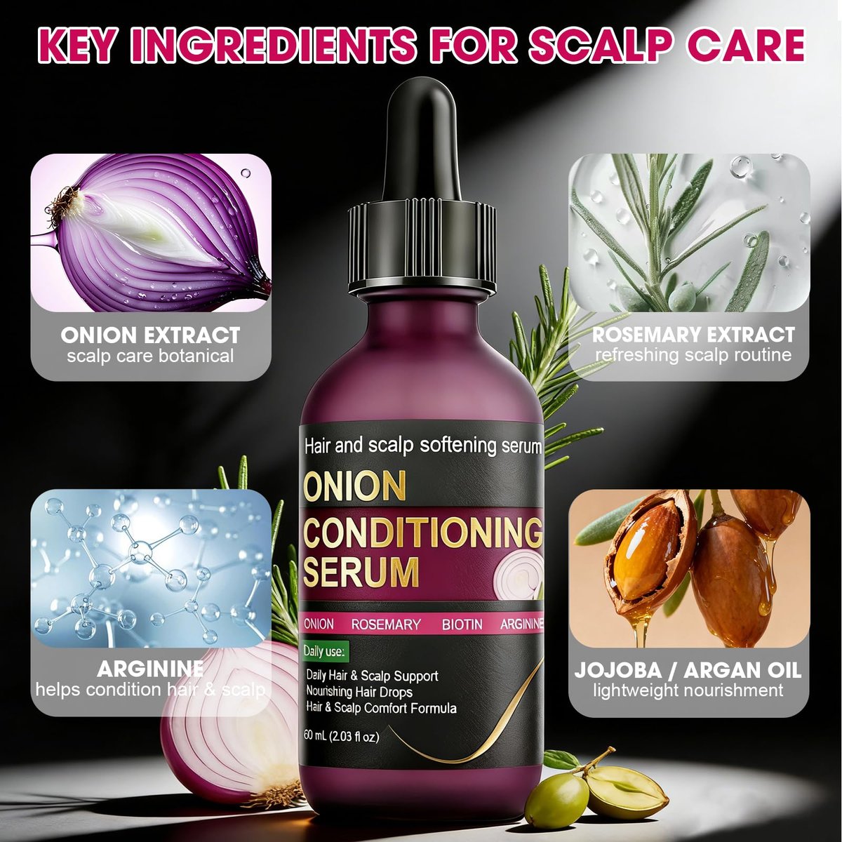 Onion Hair Growth Serum for Scalp & Hair Care - Hydrating Serum with Onion Extract, Rosemary & Biotin, Lightweight Daily Care for Fuller-Looking Hair (2.03 FL OZ) Avelisse