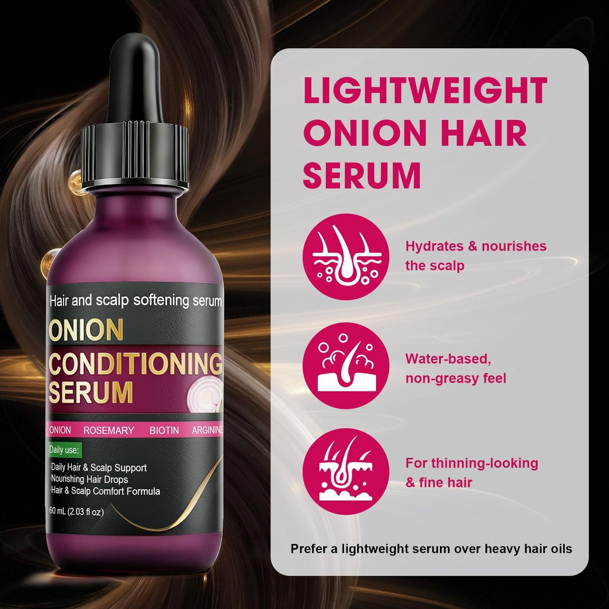 Onion Hair Growth Serum for Scalp & Hair Care - Hydrating Serum with Onion Extract, Rosemary & Biotin, Lightweight Daily Care for Fuller-Looking Hair (2.03 FL OZ) Avelisse
