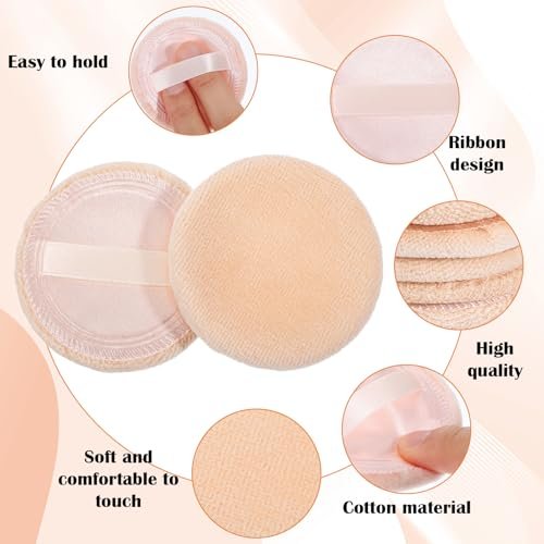 Bremorou 12-Piece Round Setting Powder Puffs – Soft Cotton Cosmetic Sponges with Ribbon for Loose & Pressed Powder (Pink & Beige) - görsel 6