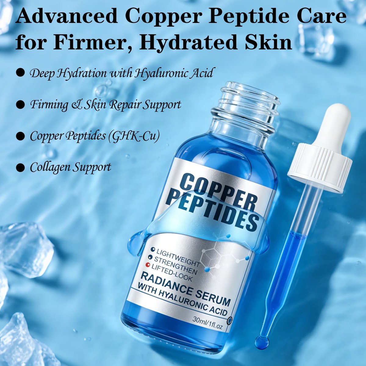 GHK-Cu Copper Peptide Serum with Hyaluronic Acid - Lightweight Deep Hydration Face Serum for Smooth & Plumping Feel Avelisse