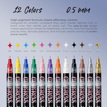 GIDEROS 12-Color Nail Art Markers - 0.5mm Precision Polish Pens for DIY Nail Art, Ideal for Professionals & Beginners Avelisse
