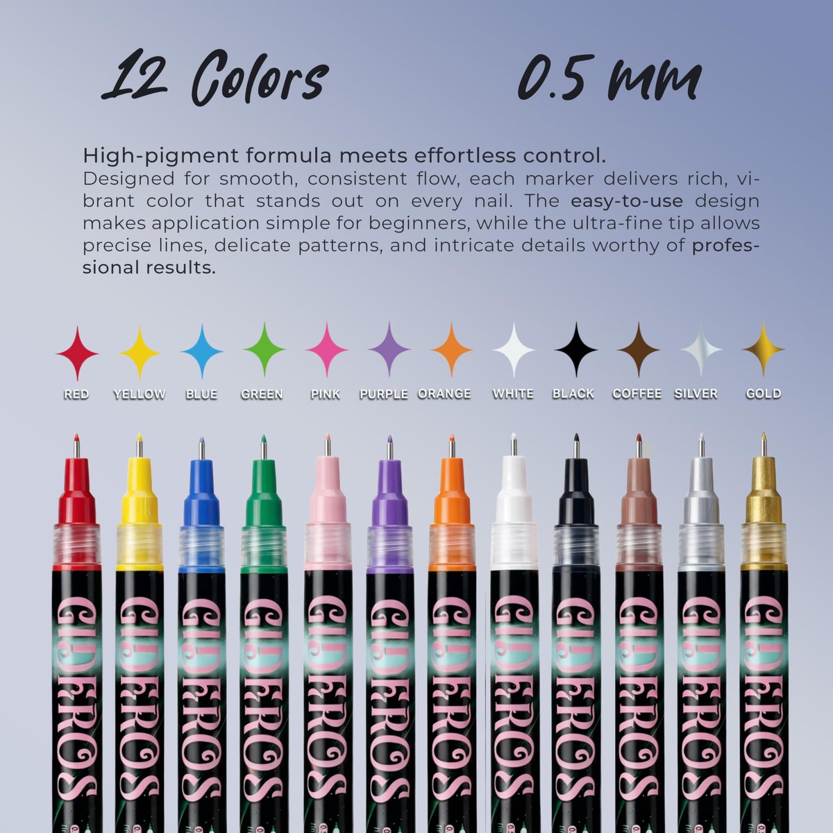 GIDEROS 12-Color Nail Art Markers - 0.5mm Precision Polish Pens for DIY Nail Art, Ideal for Professionals & Beginners Avelisse