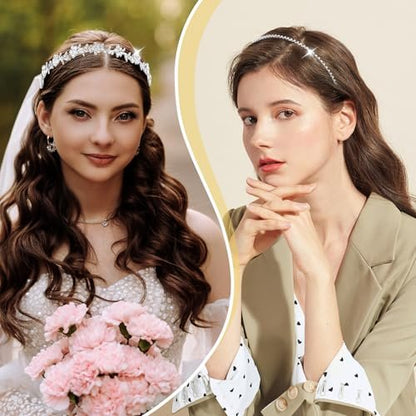 shuielai 4 Pcs Silver Rhinestone Headband Set - Bridal Crystal Tiara Crown Hair Accessories for Women & Girls