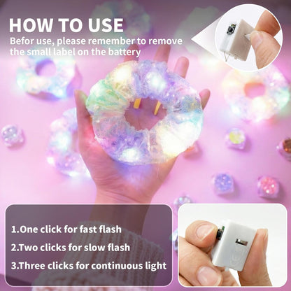 2-in-1 Glow Party Set: LED Scrunchies & Glow-in-Dark Body Glitter Gel - 6 Color Light Up Hair Scrunchies & Sparkling Face Makeup for Girls Festival Rave Party Supplies