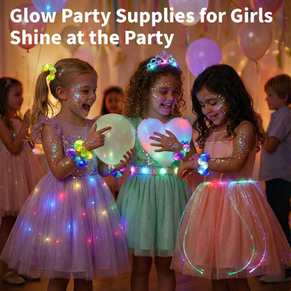 2-in-1 Glow Party Set: LED Scrunchies & Glow-in-Dark Body Glitter Gel - 6 Color Light Up Hair Scrunchies & Sparkling Face Makeup for Girls Festival Rave Party Supplies