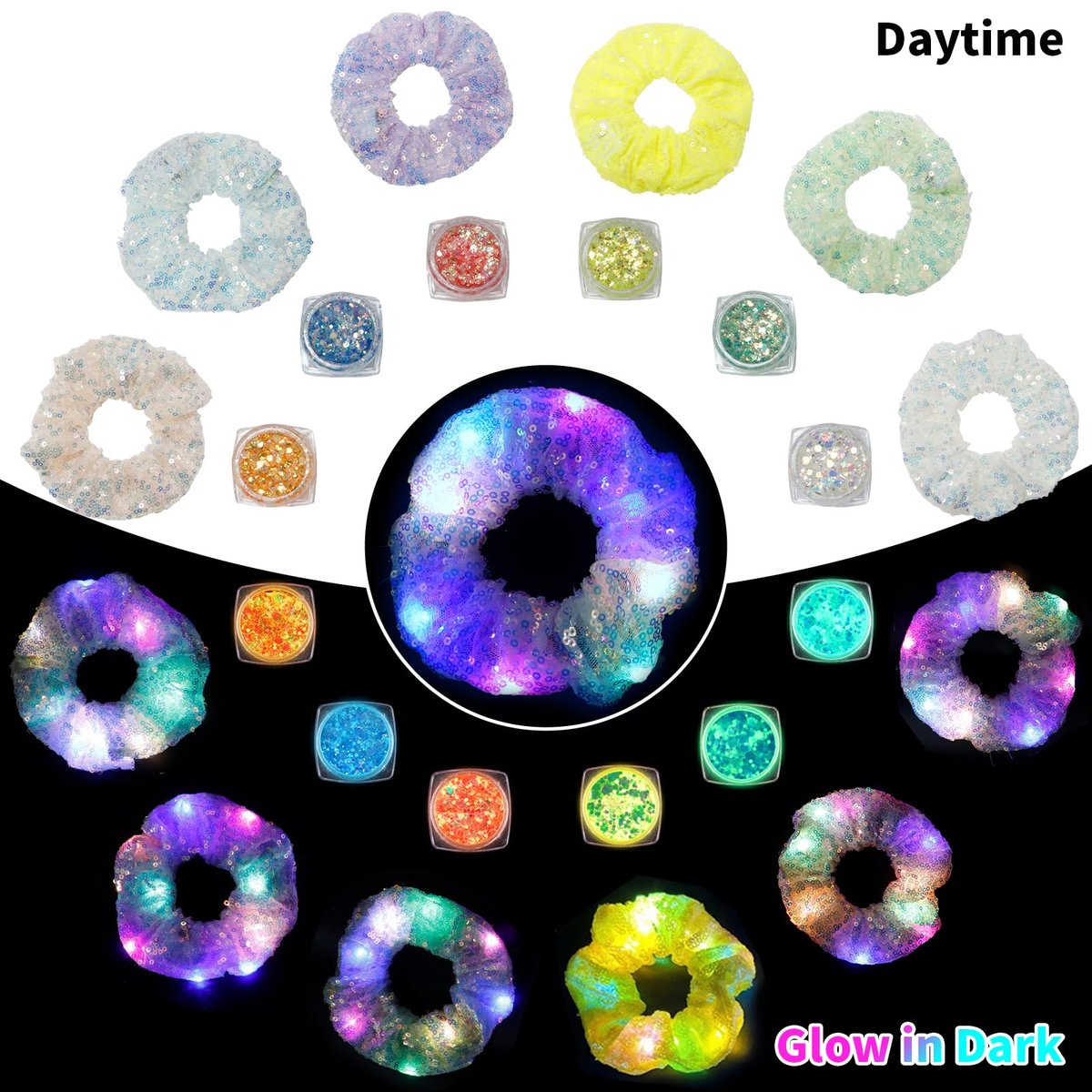 2-in-1 Glow Party Set: LED Scrunchies & Glow-in-Dark Body Glitter Gel - 6 Color Light Up Hair Scrunchies & Sparkling Face Makeup for Girls Festival Rave Party Supplies - görsel 3